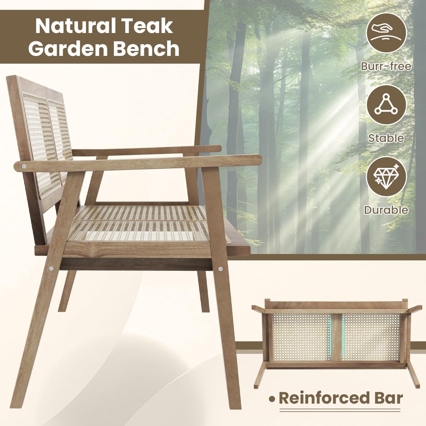 Tangkula Outdoor Teak Wood Garden Bench, 2-Person Patio Bench