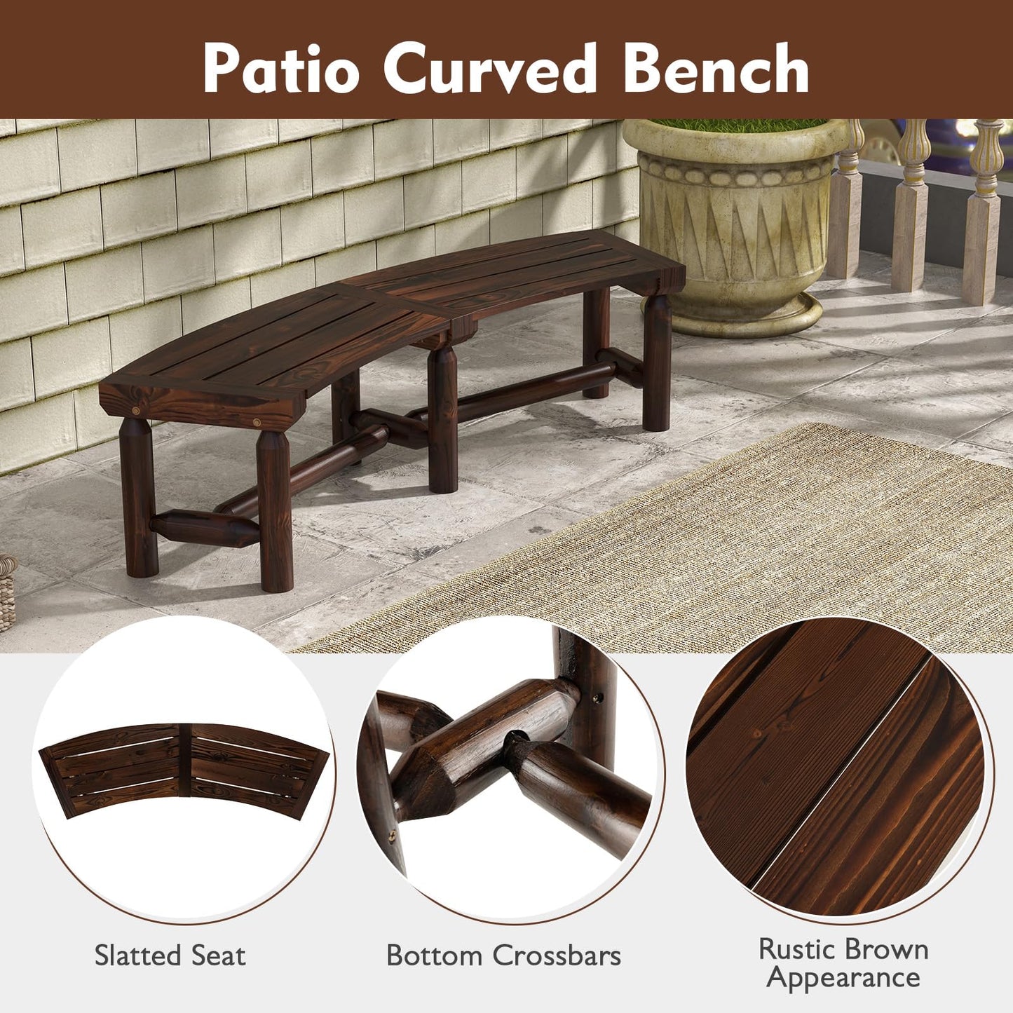 Tangkula Patio Curved Bench, Carbonized Wood Dining Bench for Round Table, Spacious & Slatted Seat