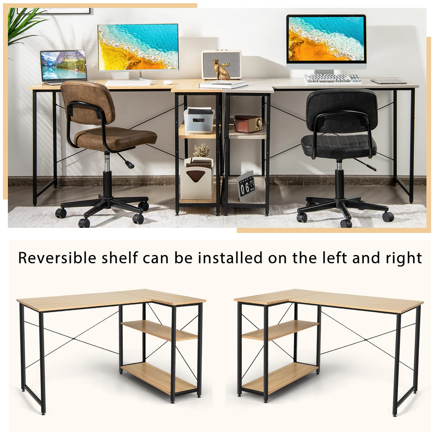 Tangkula L-Shaped Computer Desk with Reversible Shelves