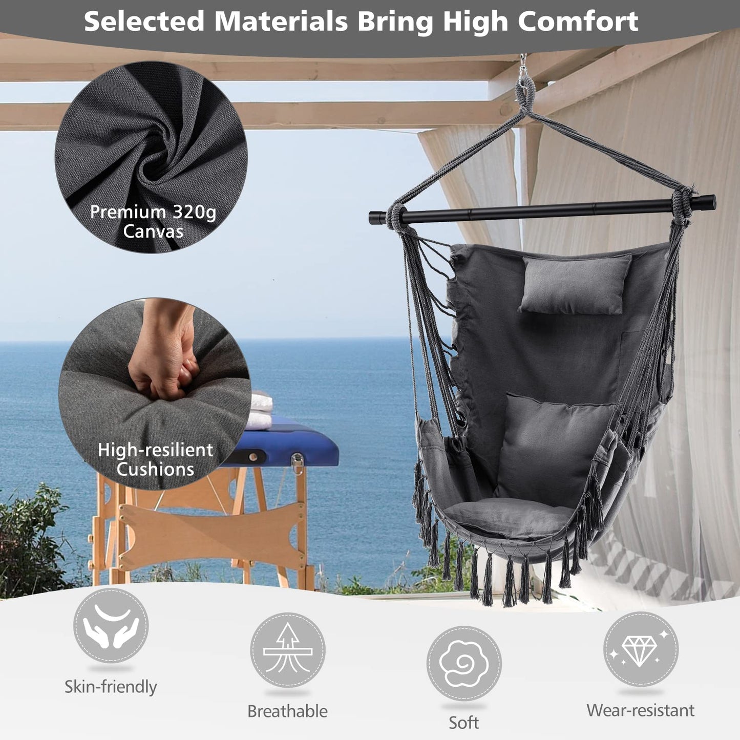 Tangkula Hammock Chair Hanging Rope Swing with Head Pillow