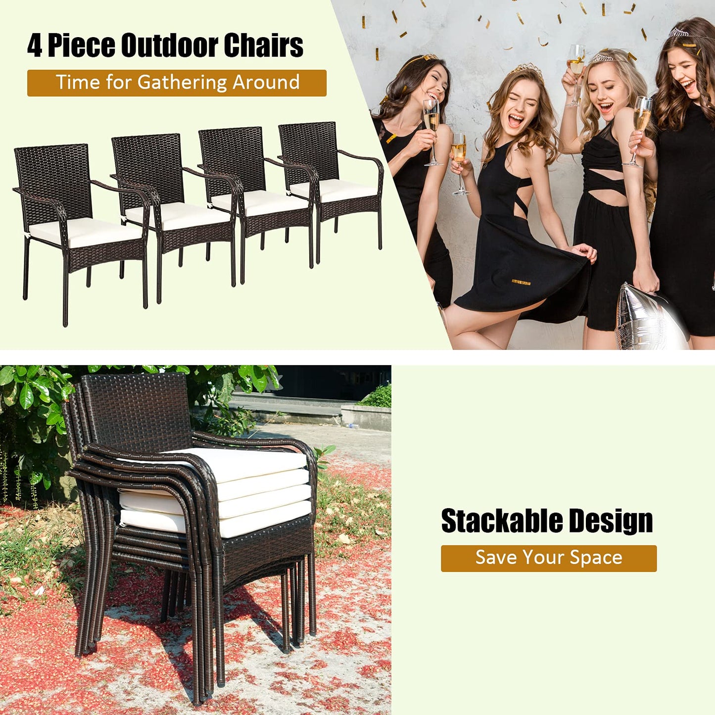 4 Pieces Patio Rattan Dining Chairs, Outdoor Stackable Wicker Chairs with Comfortable Cushions and Armrests