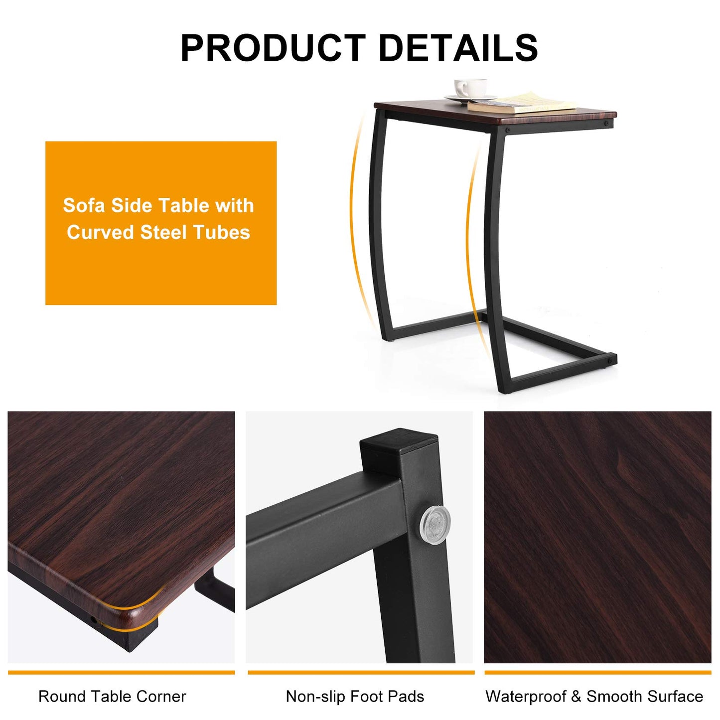 Tangkula C Shaped Couch Side Table with Steel Frame for Bed