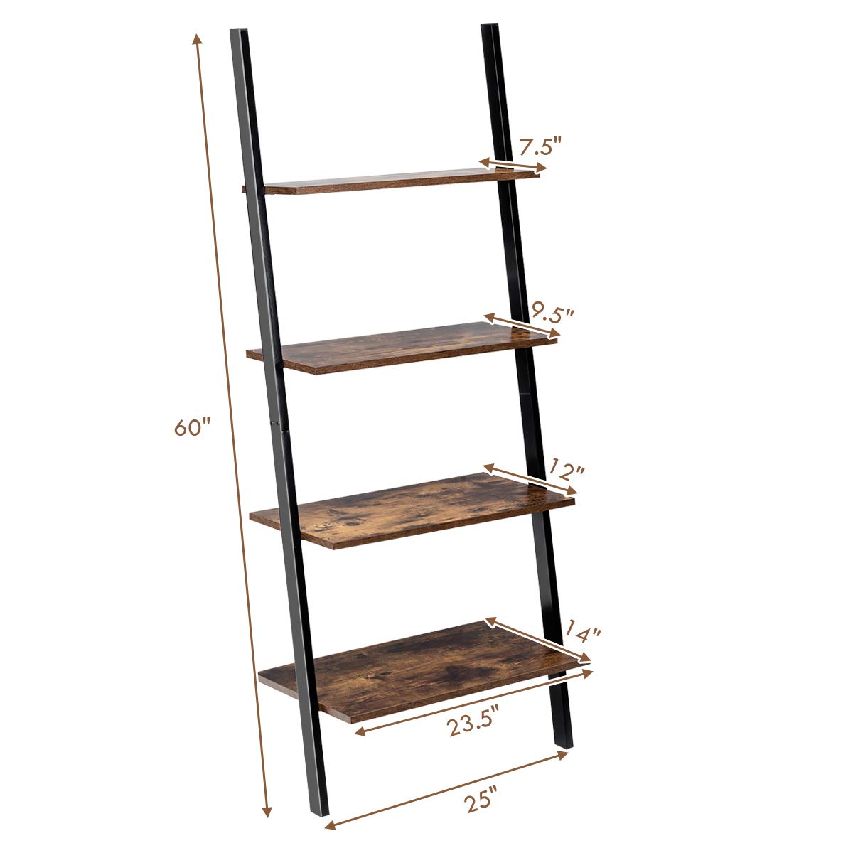 Tangkula Industrial 4-Tier Ladder Shelf, Against The Wall Bookcase for Living Room & Office