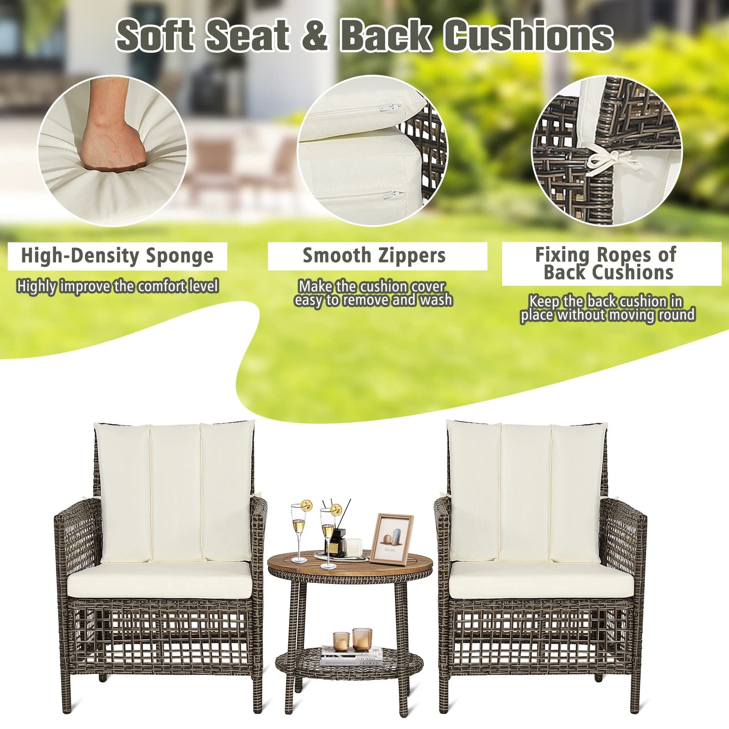 Tangkula 3 Piece Patio Conversation Set, Outdoor Rattan Chair Set W/ 2-Tier Coffee Table (Off White)