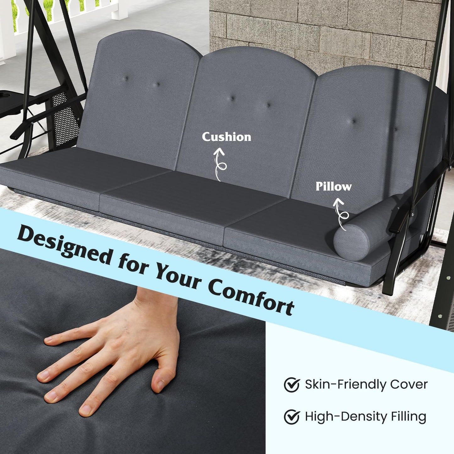 Tangkula 3 Person Porch Swing Outdoor Swing with Adjustable Canopy