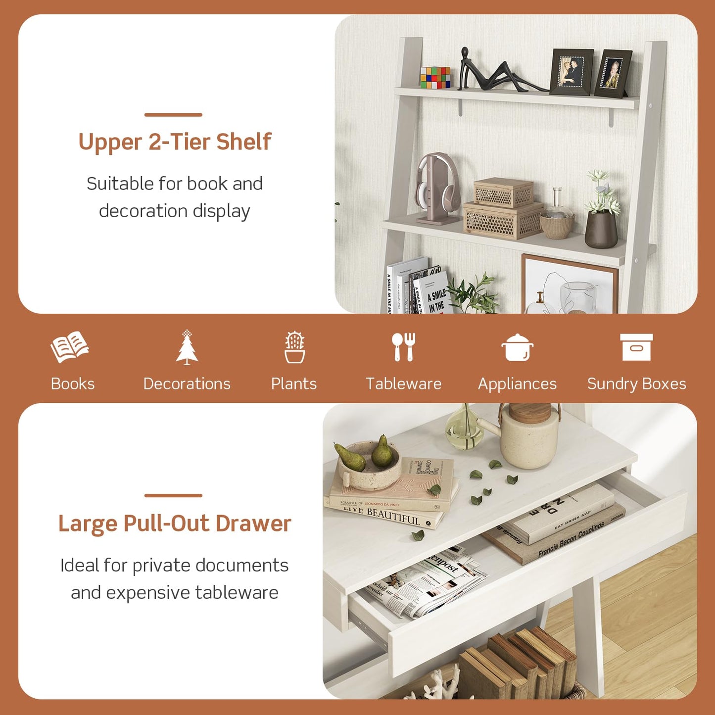 Tangkula Ladder Desk with Countertop & Drawer, Freestanding 2-Tier Ladder Shelf Desk