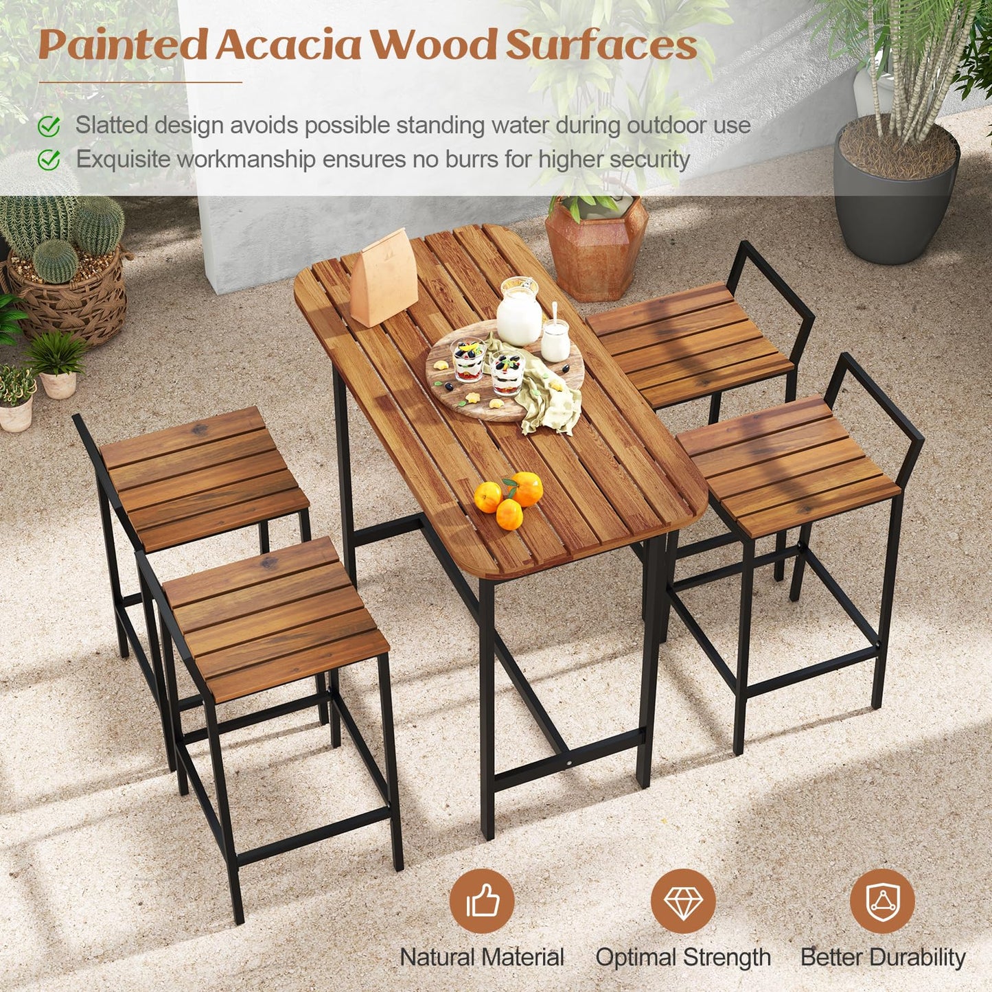 Tangkula 5 Piece Acacia Wood Bar Table Set
