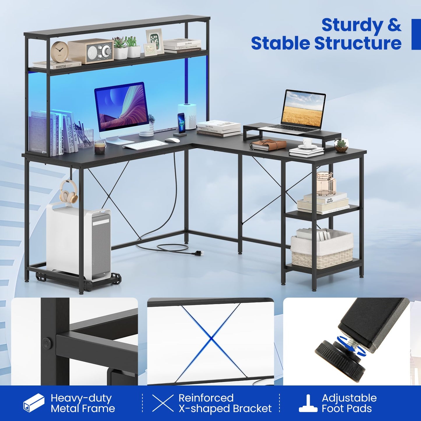 Tangkula L-Shaped Desk with LED Strip & Power Outlets