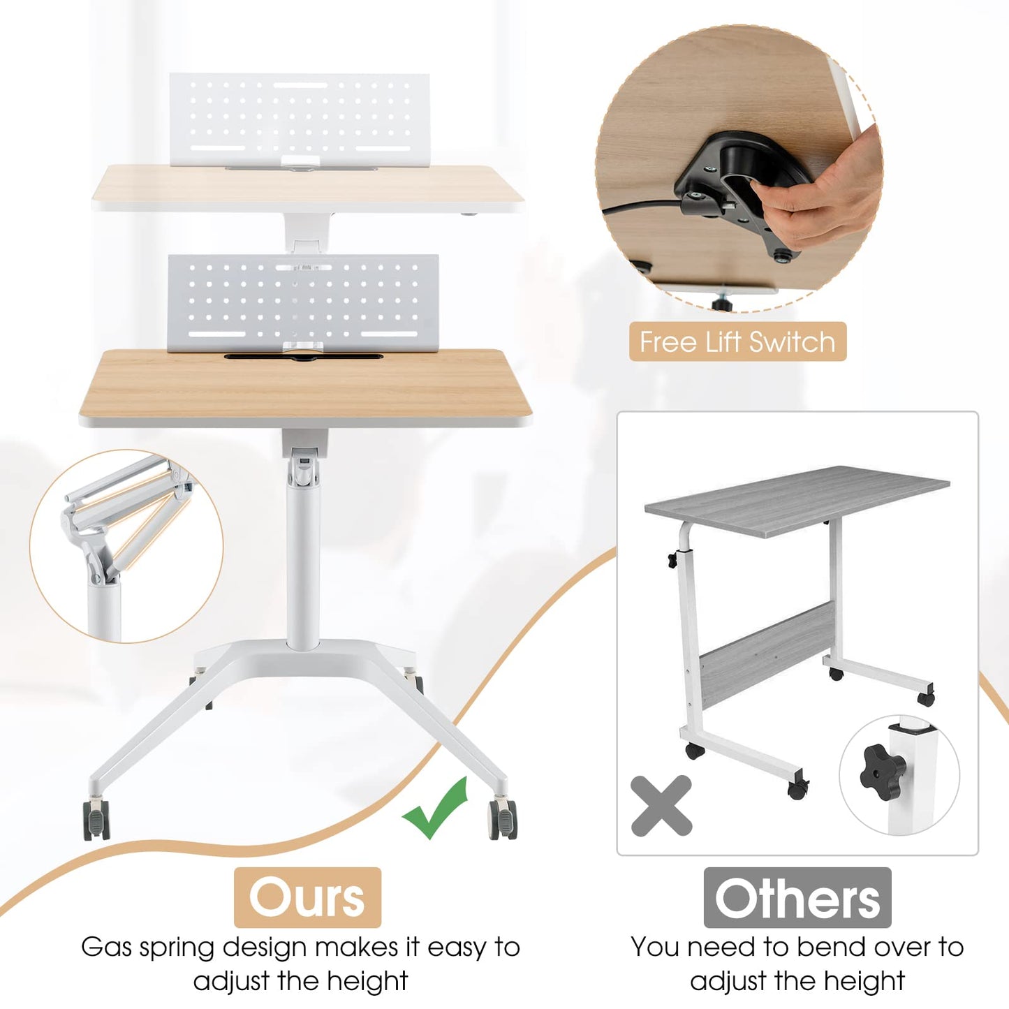 Tangkula Mobile Standing Desk, Height Adjustable Sit to Stand Desk with Detachable Holder
