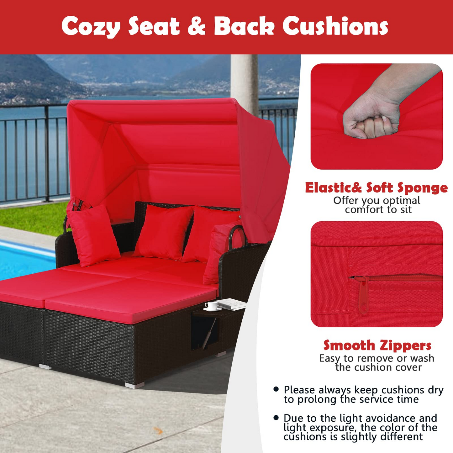 Tangkula Patio Rattan Daybed, Patiojoy Wicker Daybed Loungerw/Retractable Canopy, 2 Foldable Side Panels
