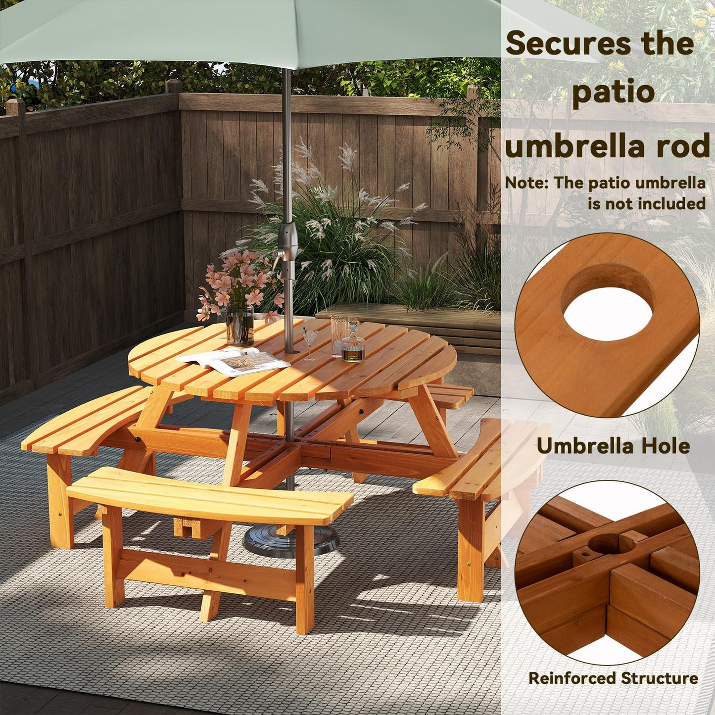 Tangkula 8-Person Wood Picnic Table Outdoor Round Table and Bench Set