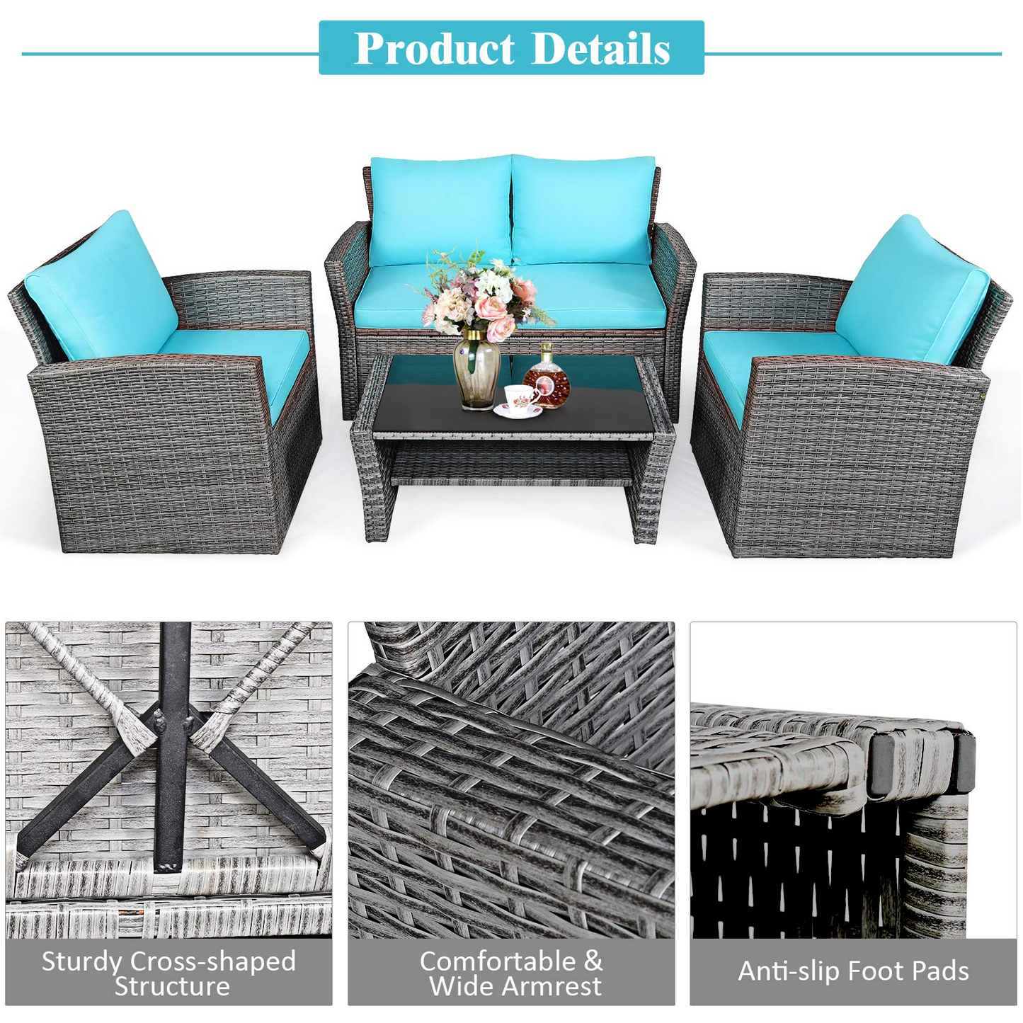 Tangkula 4 Pieces Patio Furniture Set, Outdoor Conversation Set with Cushions and Coffee Table