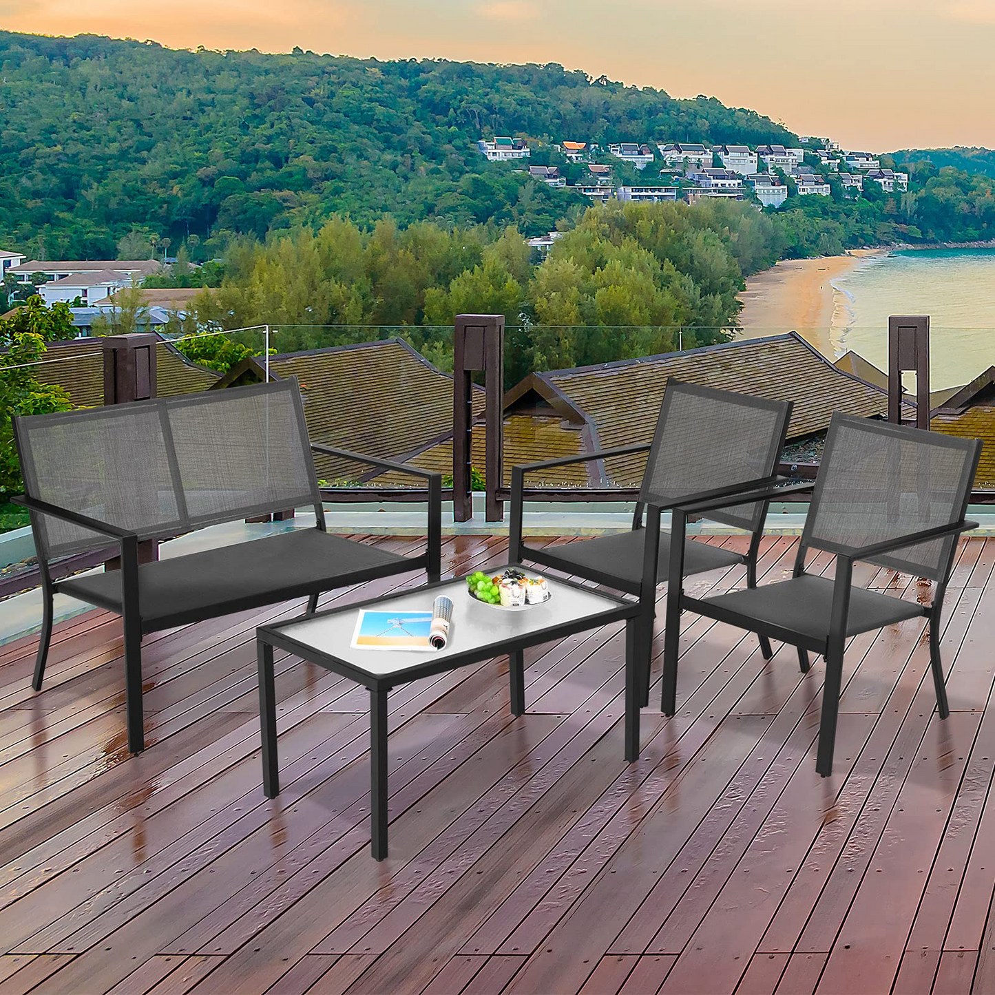 Tangkula 4 Pieces Patio Furniture Set, Outdoor Sectional Conversation Set