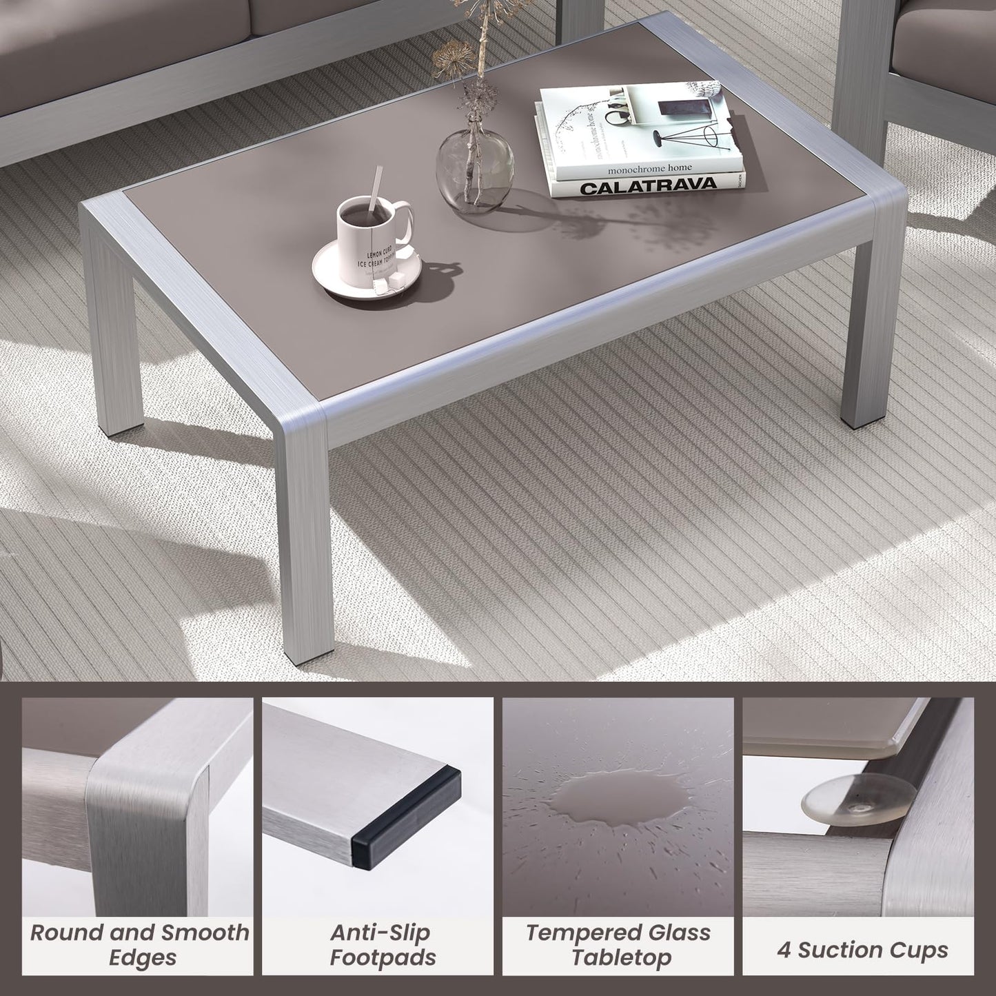 Tangkula Table basse d'extérieur rectangulaire, table d'appoint en aluminium avec plateau en verre trempé