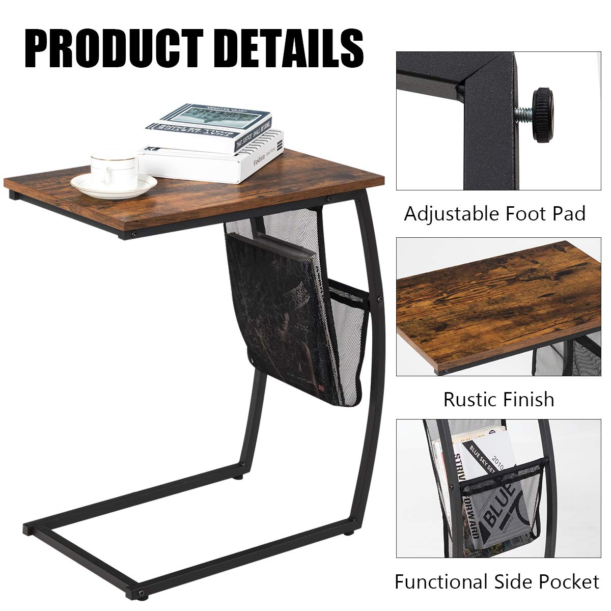 Tangkula Sofa Side End Table, C Table Snack Table with Side Pocket & Metal Frame, Over Bed Table Industrial Side Table for Sofa Couch Bed