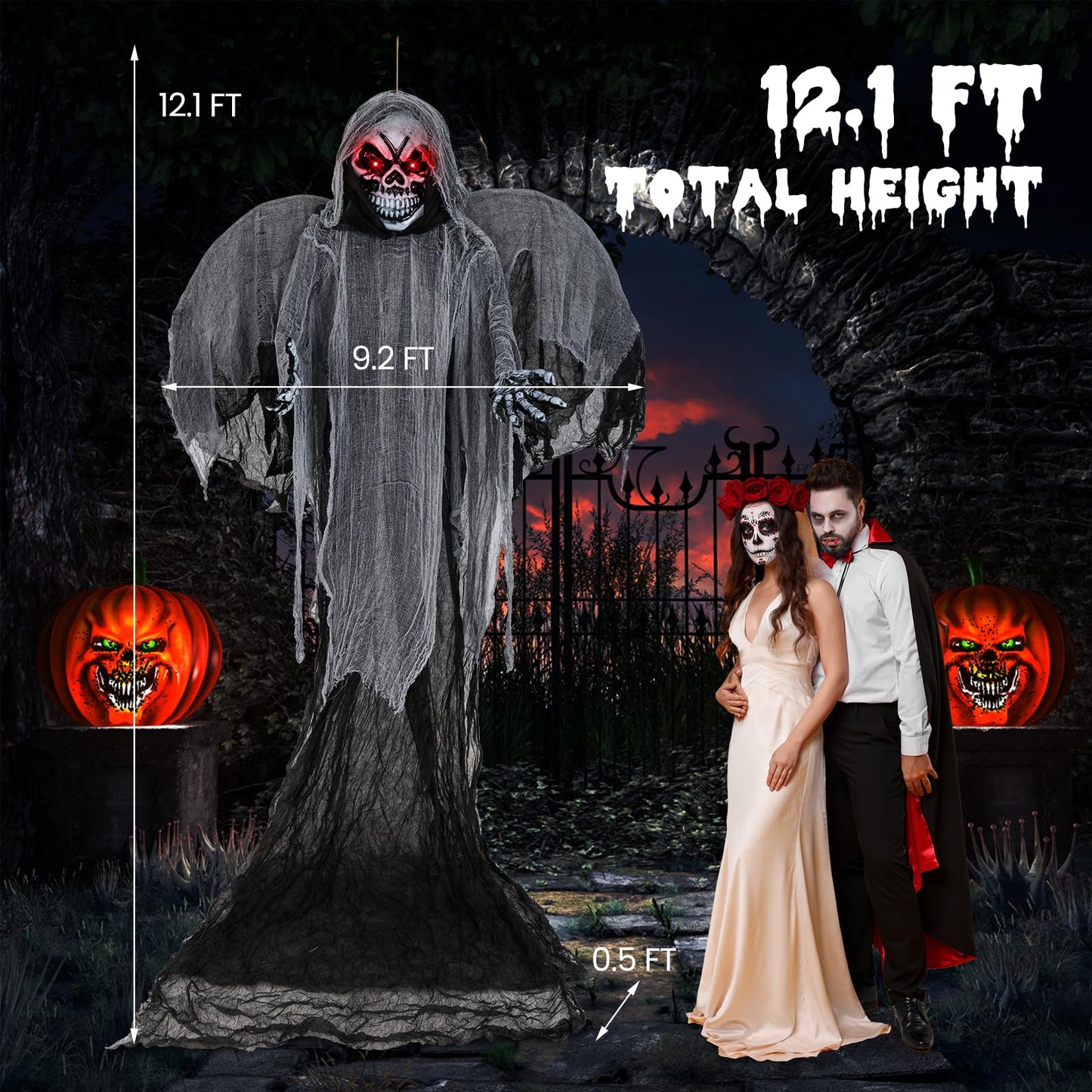 Tangkula 12.1 ft Halloween Hanging Reaper w/Wings, Voice Activated Animatronic Ghost w/Lighted Eyes & Terrifying Sounds