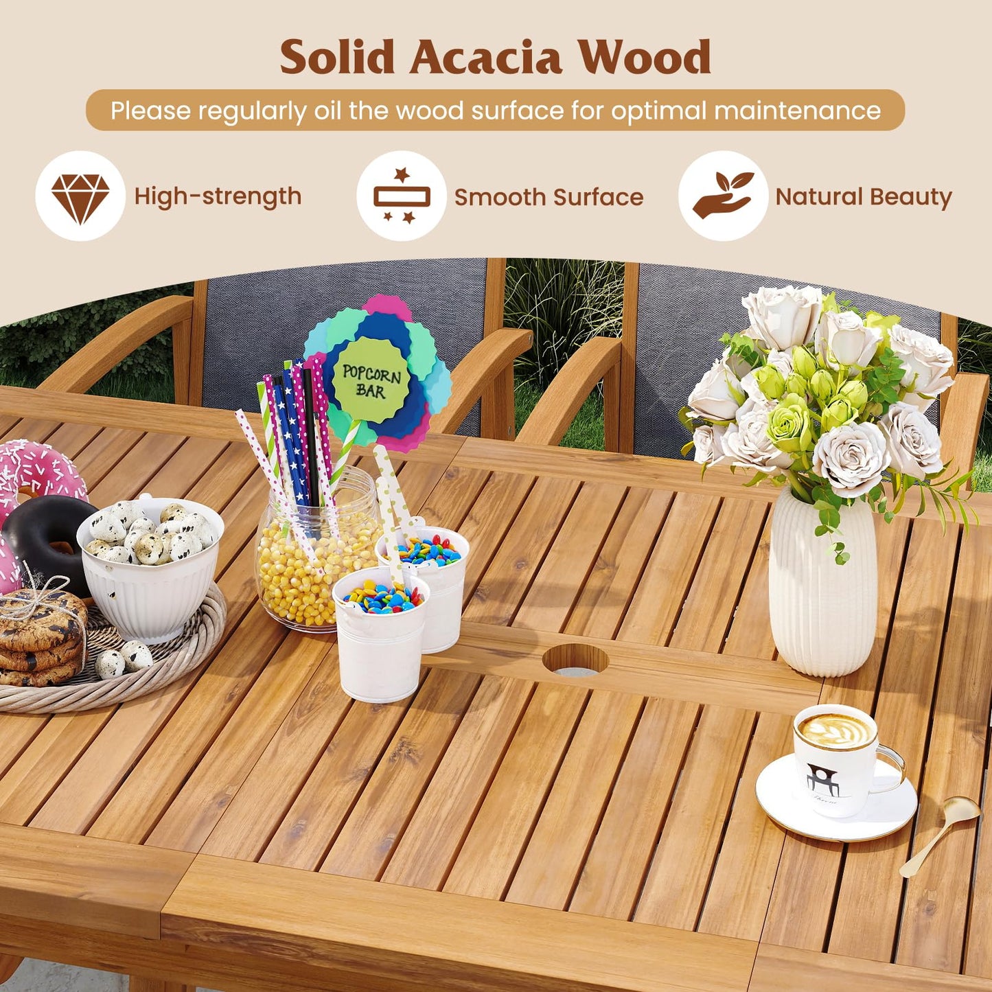 Tangkula Acacia Wood Patio Expandable Dining Table