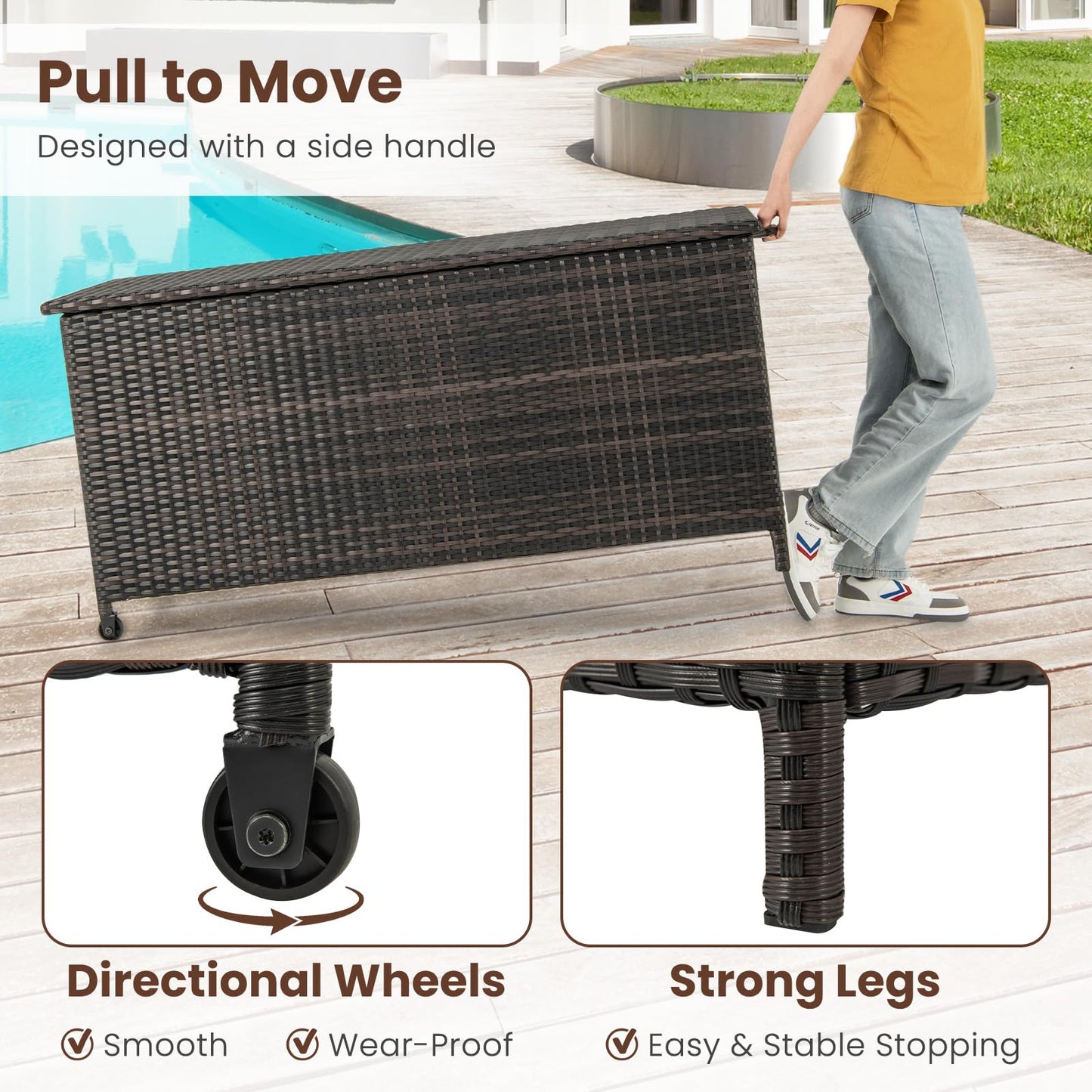 Tangkula Rattan Deck Box, 85 Gallon Storage Container with Waterproof Liner, Wheels & Gas Strut