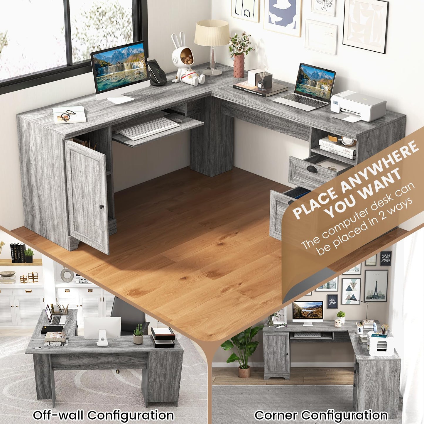 Tangkula L Shaped Desk with Drawers and Storage Shelf