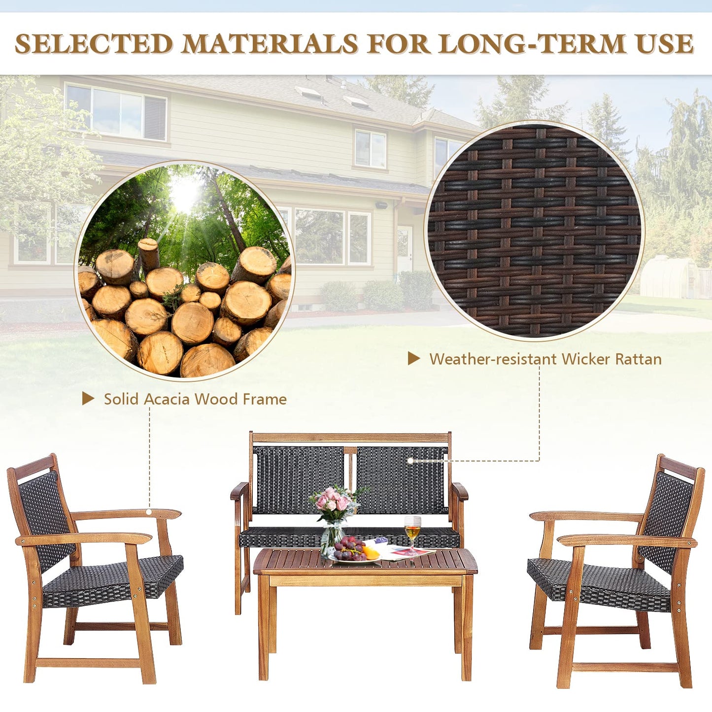 Tangkula 4 Pieces Patio Rattan Conversation Set with Acacia Wood Frame, Patiojoy Outdoor Furniture Set with Chairs & Coffee Table