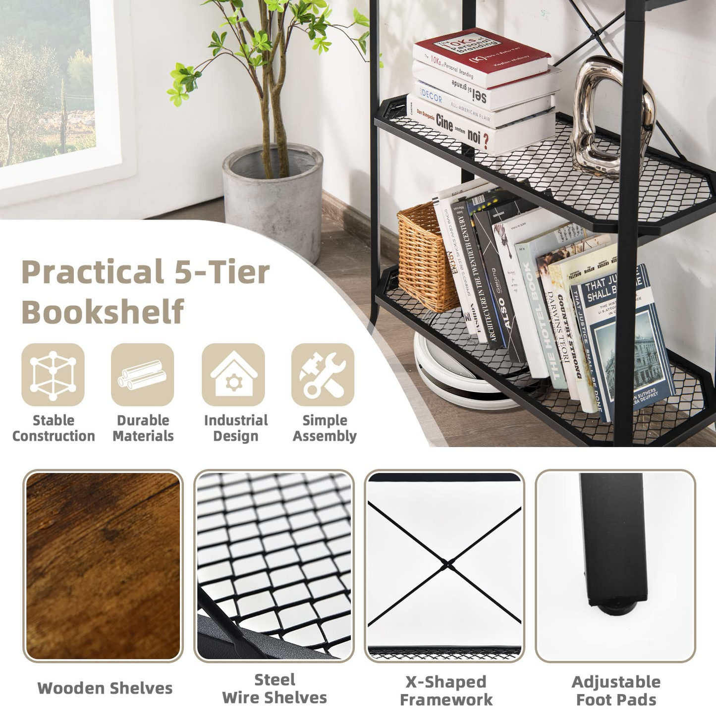 Tangkula 5 Layer Bookshelf, Freestanding Storage Shelving Unit with Steel Frame