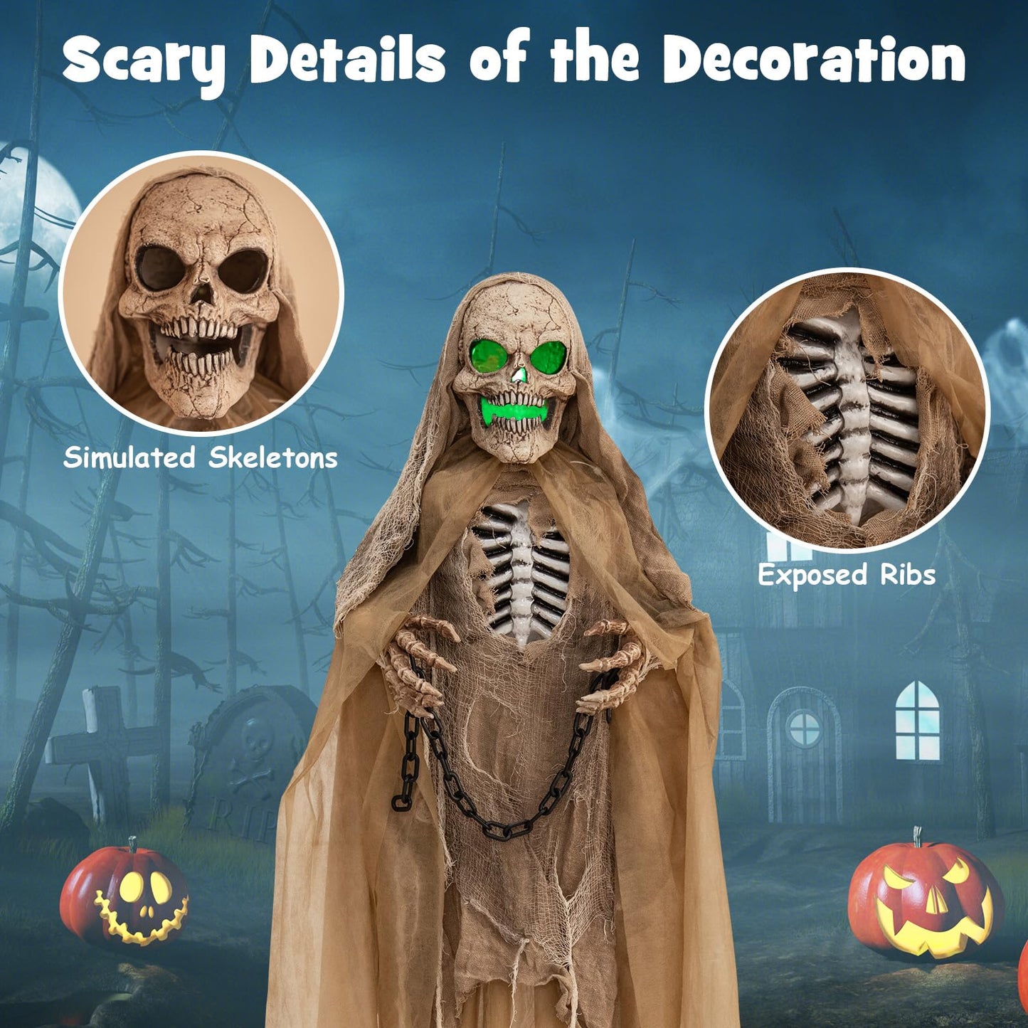 Tangkula 5.6 FT Halloween Standing Animated Skeleton with Chain, Animatronic Skull Grim Reaper with LED lights