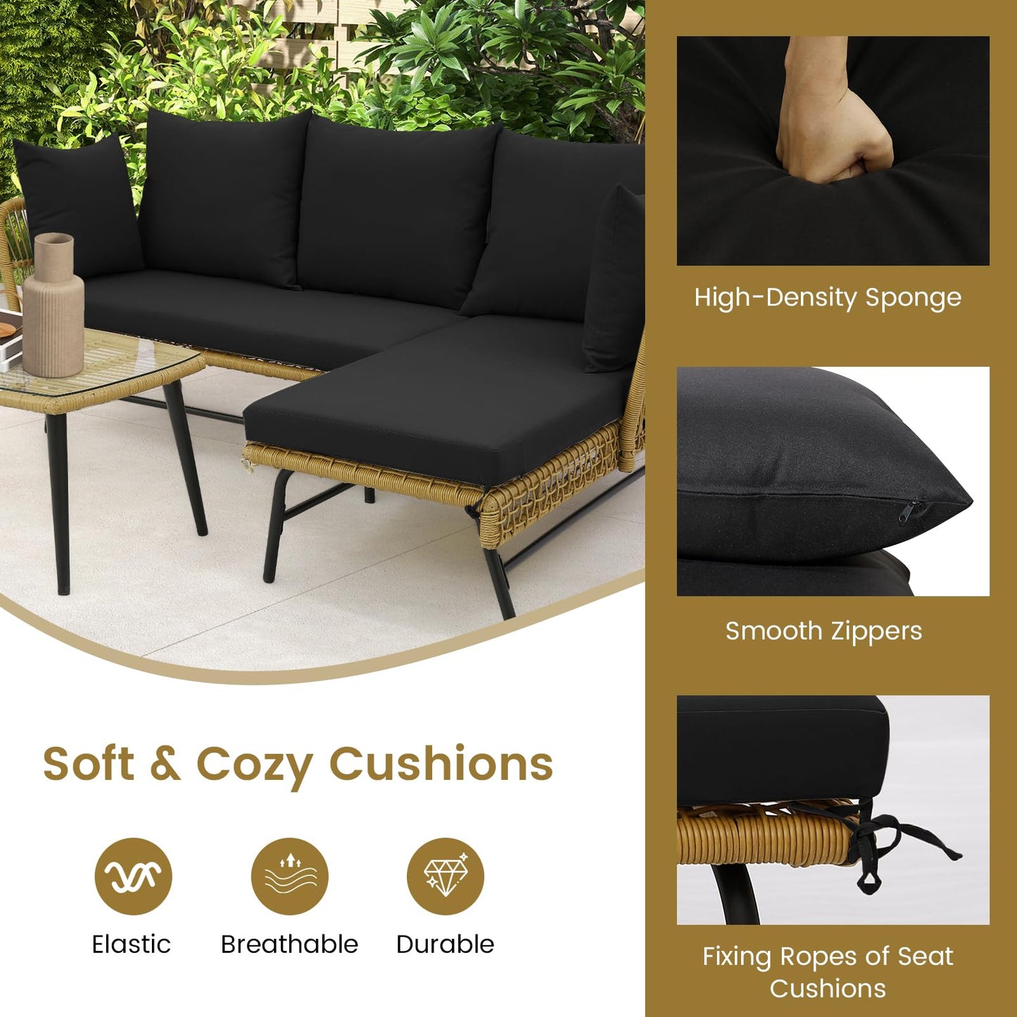 Tangkula Outdoor Wicker Furniture Set, 3-Piece L-Shaped Patio Sofa with Cushions & Tempered Glass Table