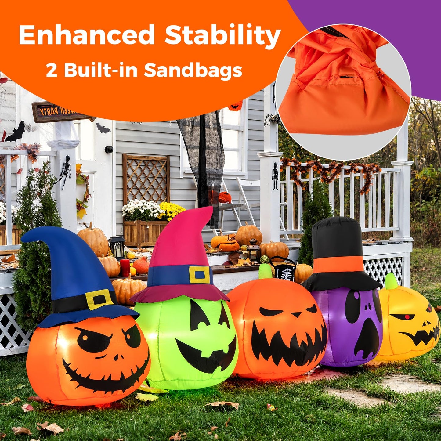 Tangkula 9 FT Inflatable Halloween Pumpkin Patch Family, Blow up Yard Decoration with Built-in LED Lights and Witch Hats