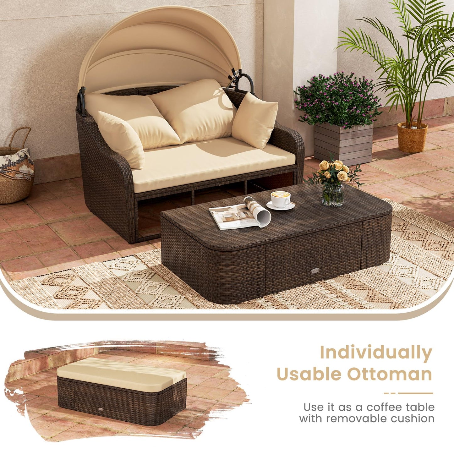 Tangkula Patio PE Rattan Daybed with Retractable Canopy