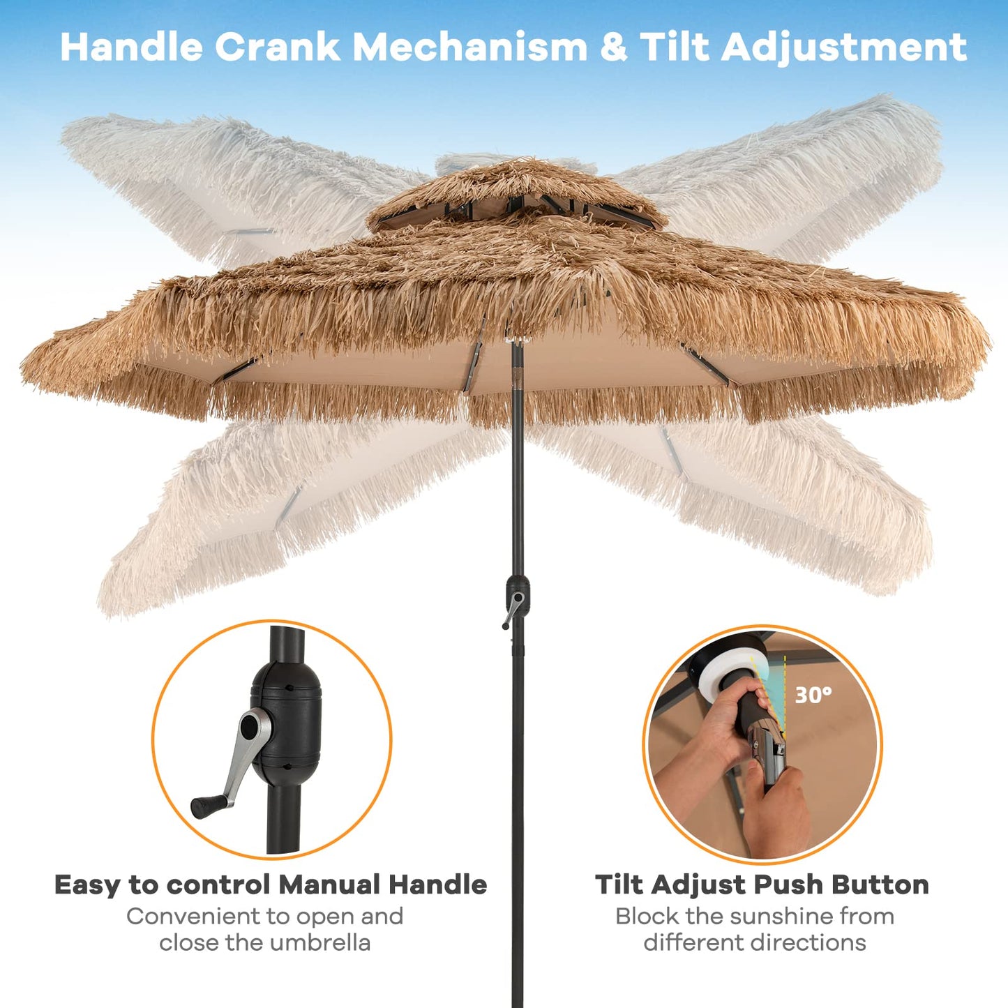 Tangkula 10 ft Thatched Patio Umbrella, 2 Tier Hawaiian Style Grass Beach Umbrella with 32 Led Lights