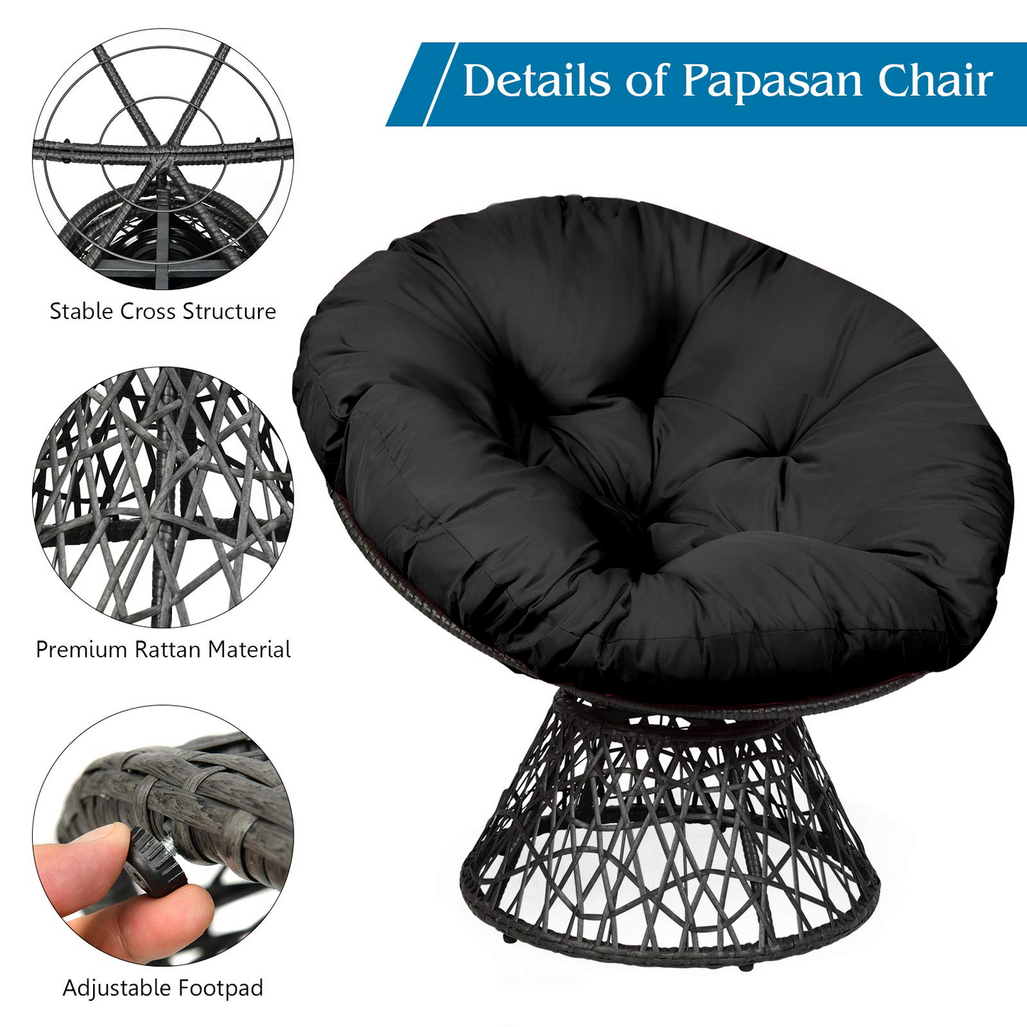 Tangkula Papasan Chair Rattan Ergonomic Chair w/ 360-degree Swivel and Soft Cushion, Solid Structure & Stable Base
