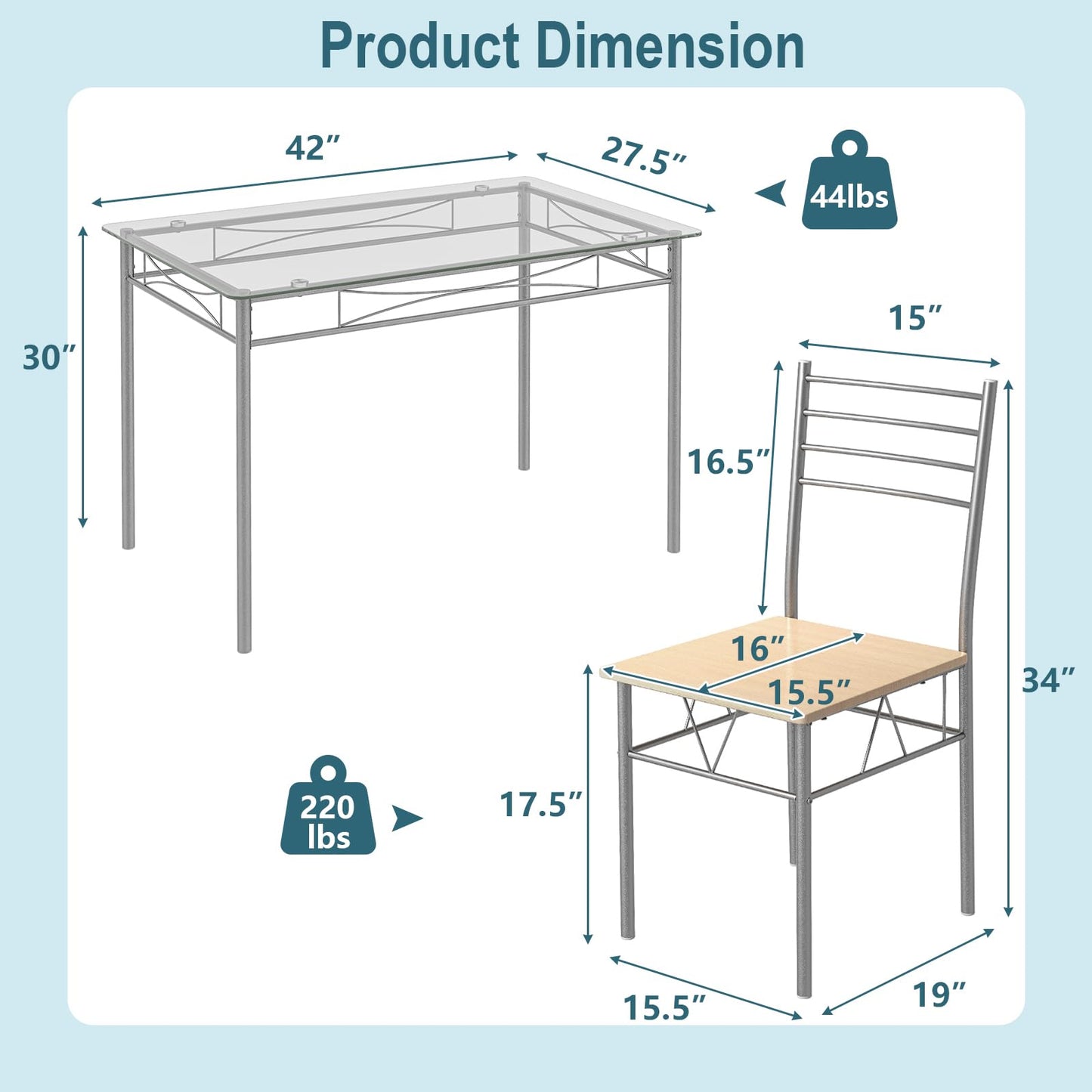 Tangkula Dining Table Set, 5 Pieces Dining Set with Tempered Glass Top Table and 4 Chairs