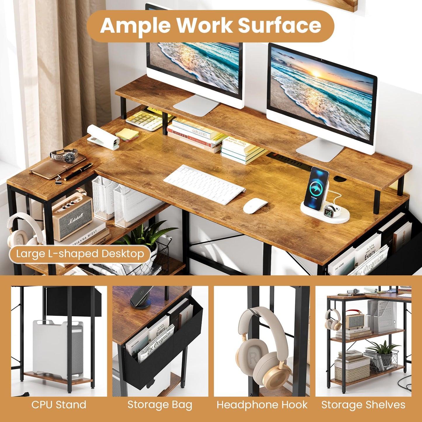 Tangkula L-Shaped Gaming Desk with LED Lights & Power Outlets
