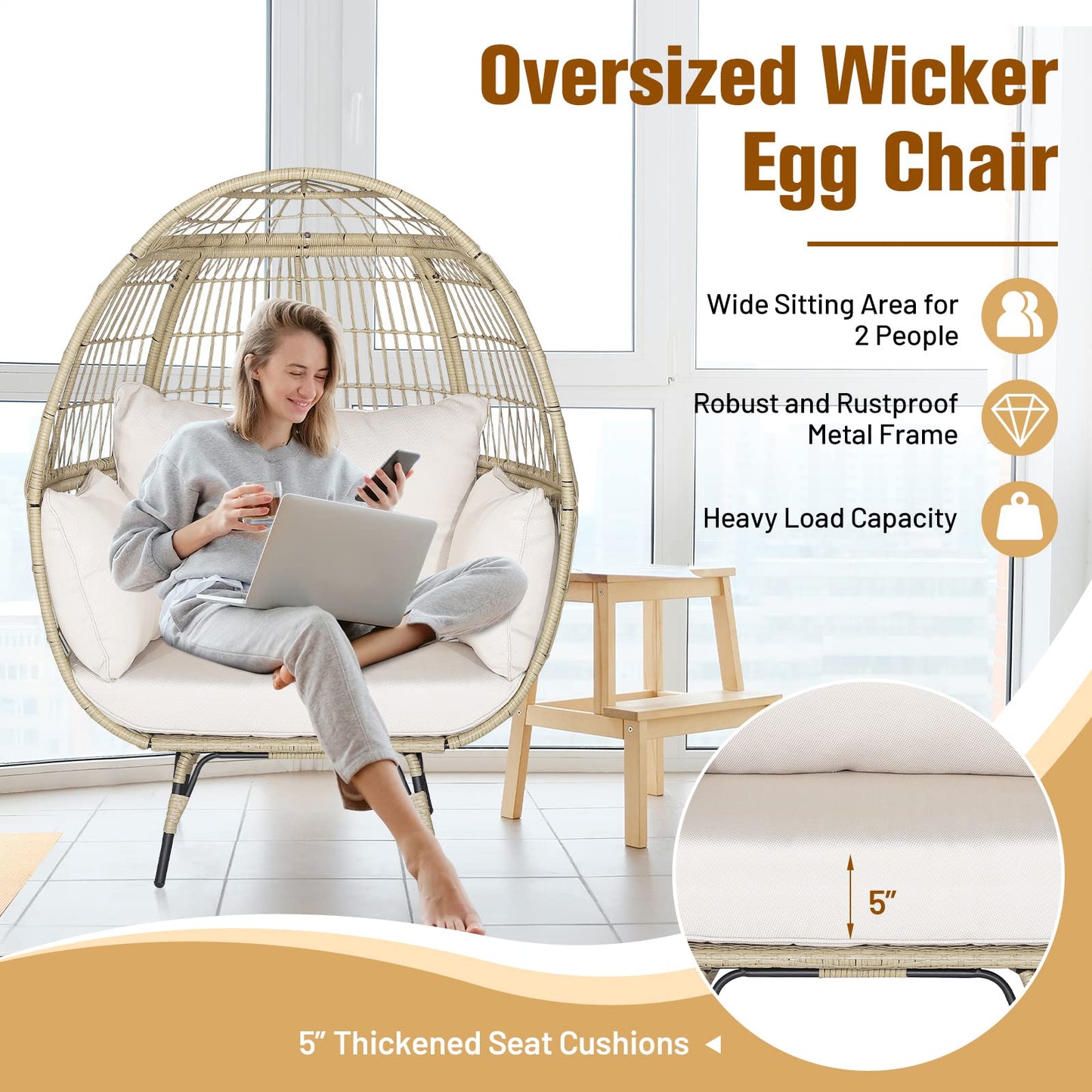 Tangkula PE Wicker Egg Chair Patiojoy Oversized Indoor Outdoor Patio Lounge Chair