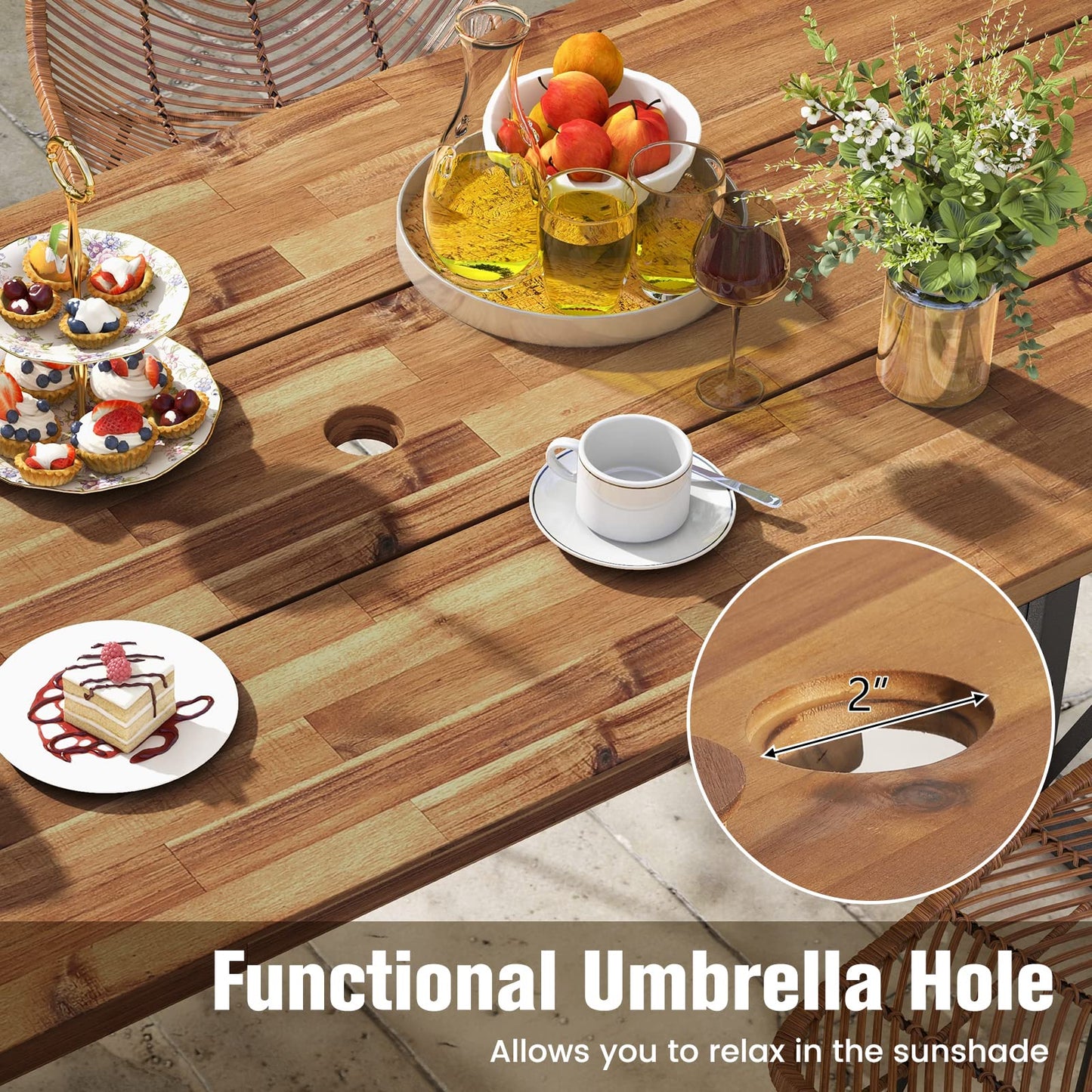 Tangkula 67 Inch Outdoor Dining Table, Acacia Wood Patio Table with 2 Inch Umbrella Hole