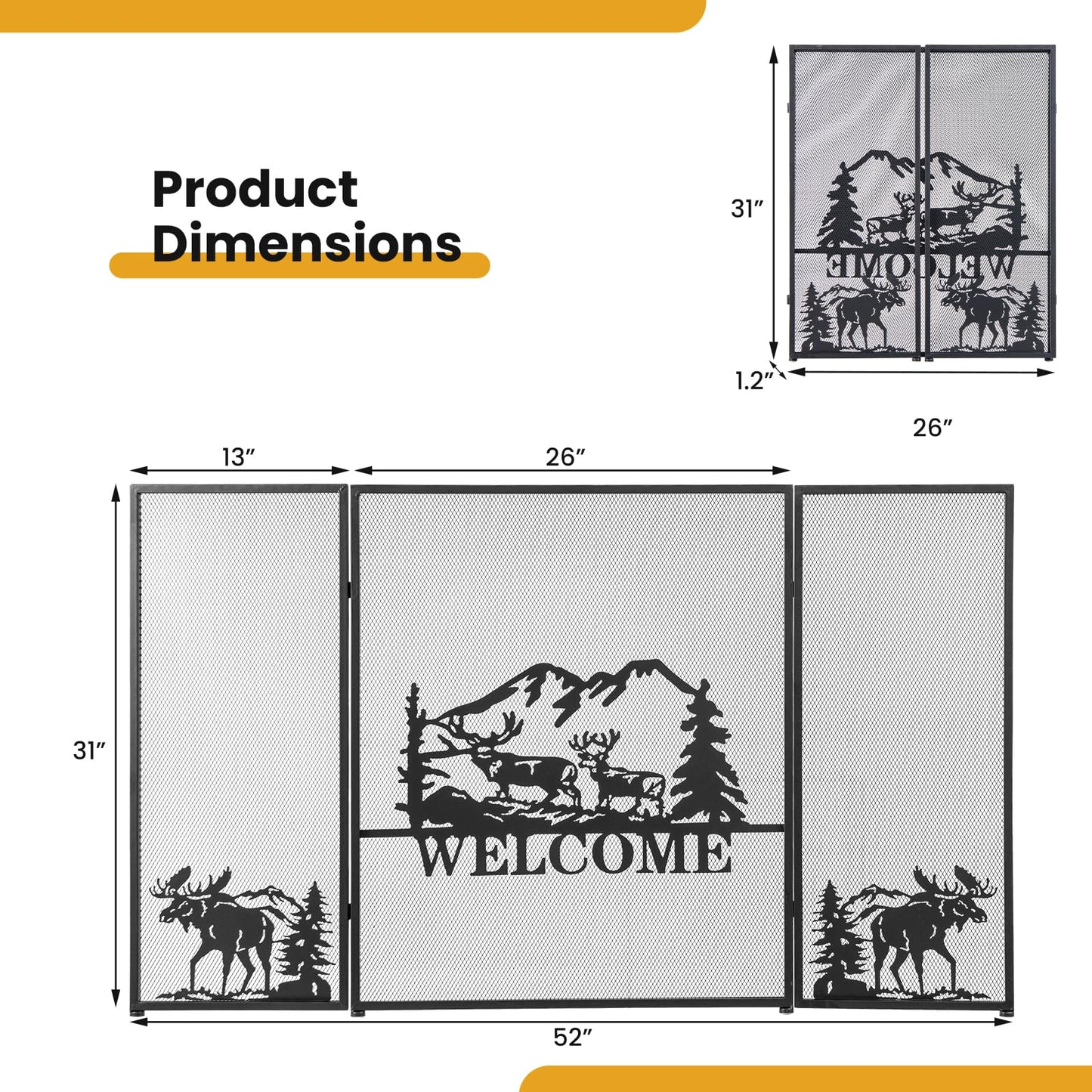 Tangkula 52 x 31 Inch Fireplace Screen, 3-Panel Folding Spark Guard w/Natural Scenery & Moose Pattern