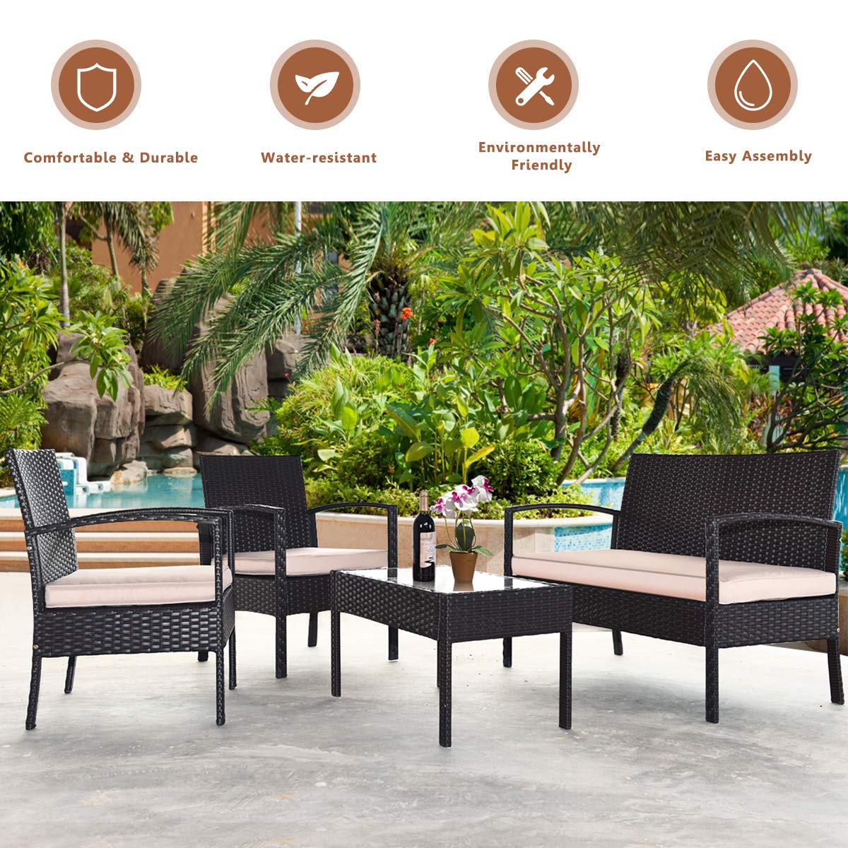 Tangkula 4 or 8 Piece Rattan Patio Furniture Set for Porch