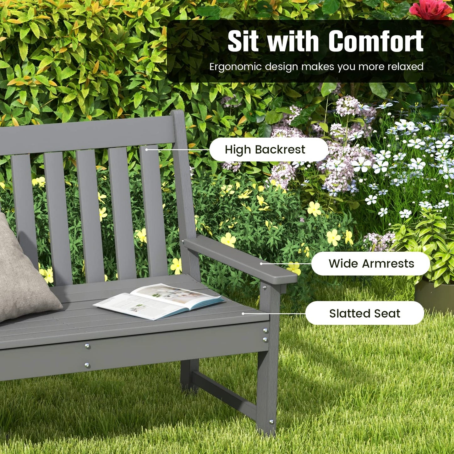 2-Person Outdoor Garden Park Bench, All-Weather HDPE Patio Loveseat Chair - Tangkula