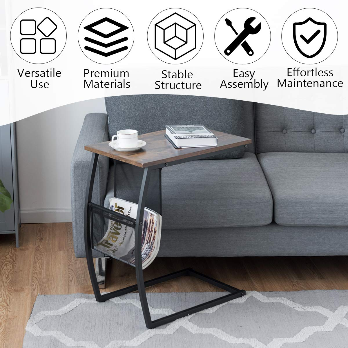 Tangkula Sofa Side End Table, C Table Snack Table with Side Pocket & Metal Frame, Over Bed Table Industrial Side Table for Sofa Couch Bed