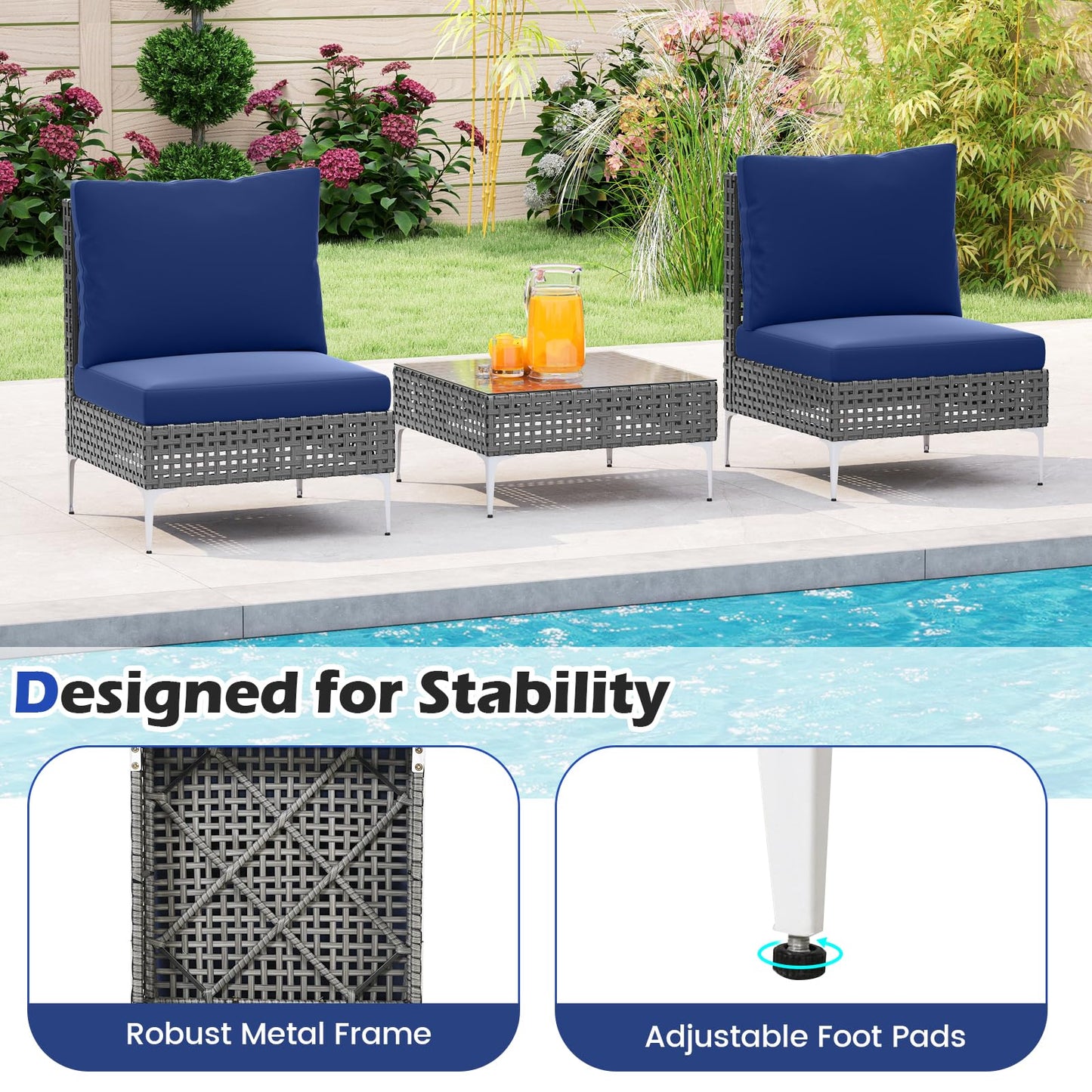 Tangkula 3 Pieces Patio Furniture Set PE Rattan Conversation Chairs with Tempered Glass Coffee Table