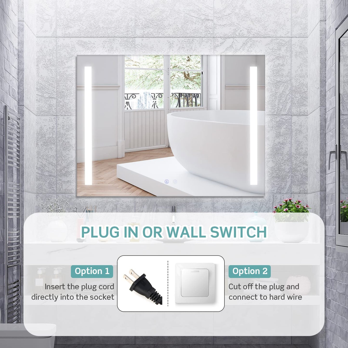 Tangkula 80CMx60CM LED Bathroom Mirror with Steplessly Adjustable Brightness