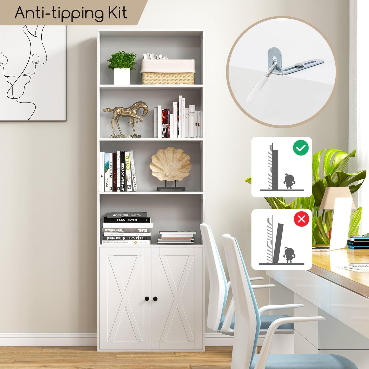 Tangkula Tall Bookcase with Doors, Farmhouse 71" H Freestanding Bookshelf with 6 Shelves & 2-Door Cabinet
