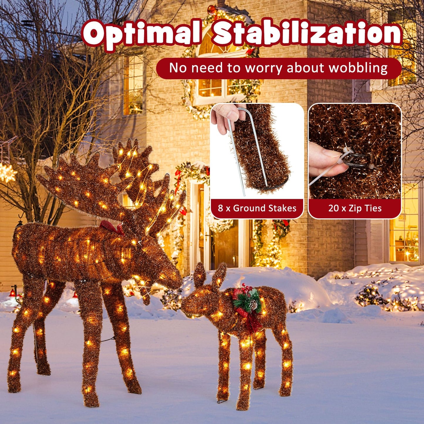 Tangkula 2-Piece Lighted Christmas Moose Family Set, Light-Up Reindeers with 170 Warm White LED Lights