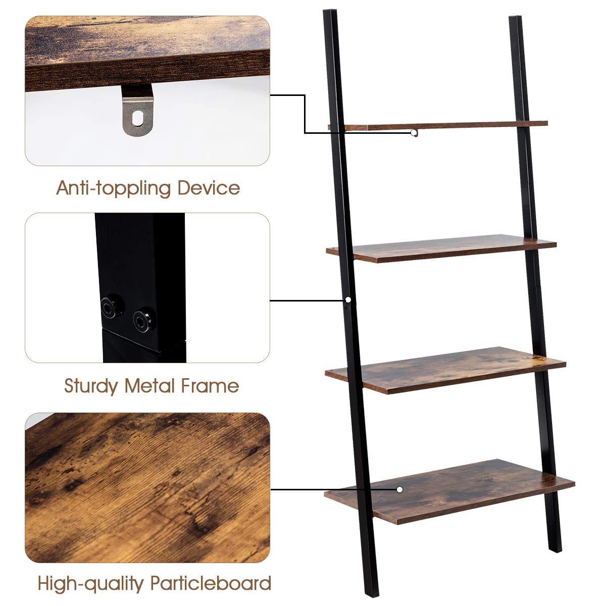 Tangkula Industrial 4-Tier Ladder Shelf, Against The Wall Bookcase for Living Room & Office