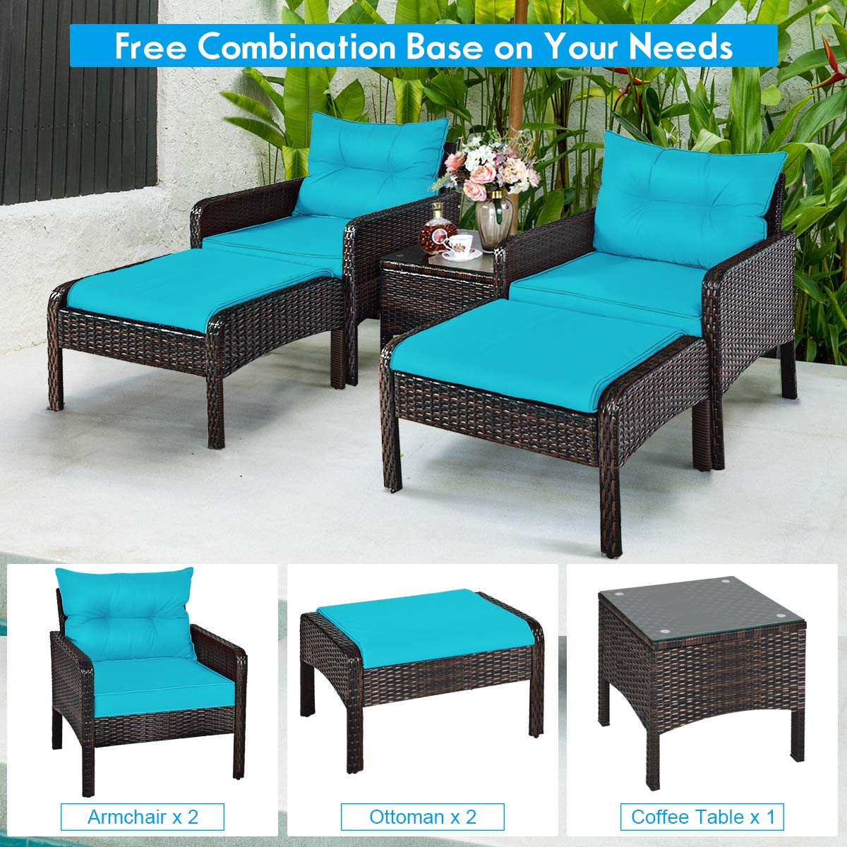 Tangkula Wicker Furniture Set 5 Pieces PE Wicker Rattan Outdoor All Weather Cushioned Sofas