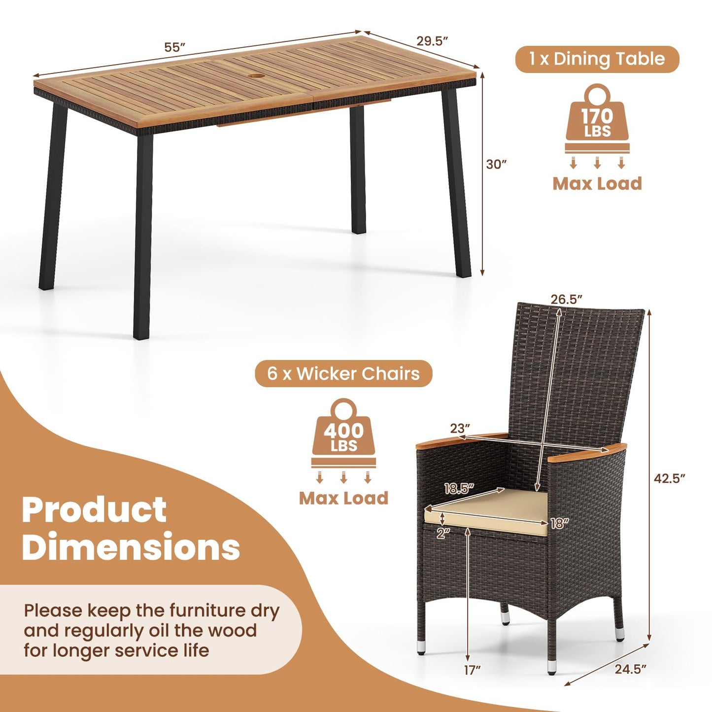 Tangkula Outdoor Dining Set for 6 with Umbrella Hole