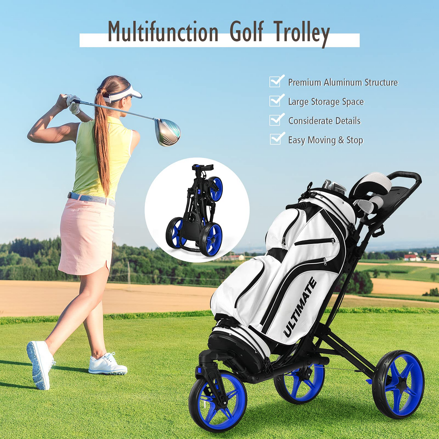 Tangkula Golf Push Cart with 360 Rotating Front Wheel, Aluminum Collapsible 3 Wheels Golf Pull Cart, Golf Trolley w/Elastic Strap