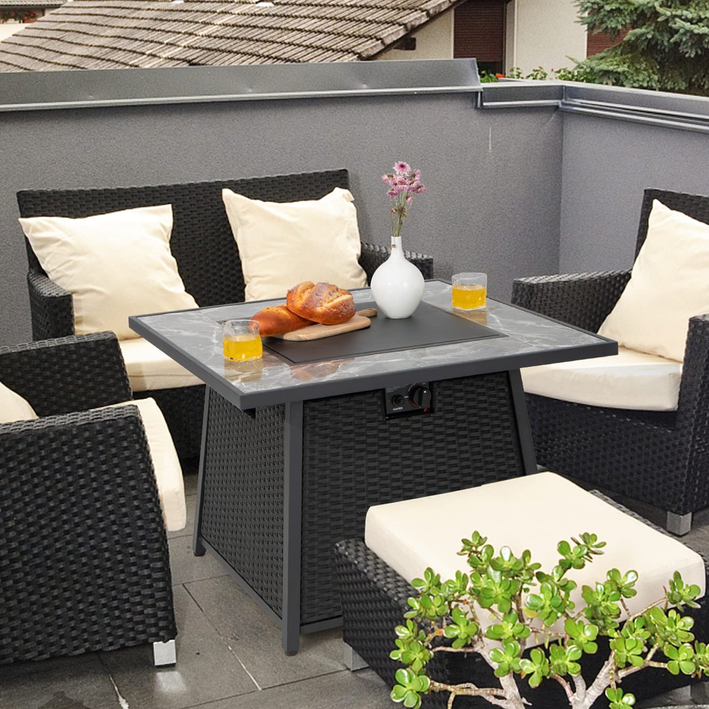 Tangkula 35 Inch Rattan Propane Gas Fire Pit Table, Patiojoy 50,000 BTU Outdoor Wicker Patio Propane Fire Pit