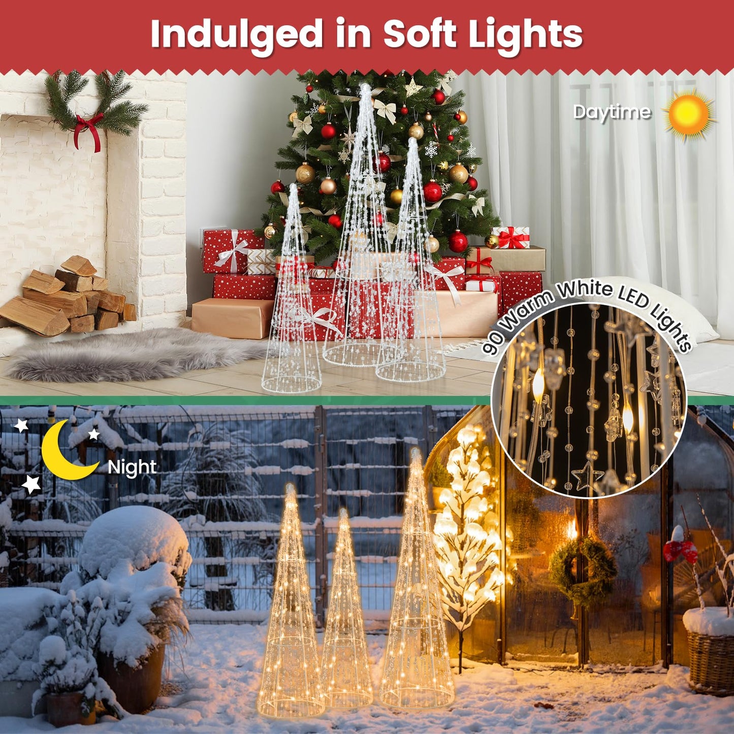 Tangkula Set of 3 Lighted Christmas Cone Trees Xmas Decorative Conic Tree Set