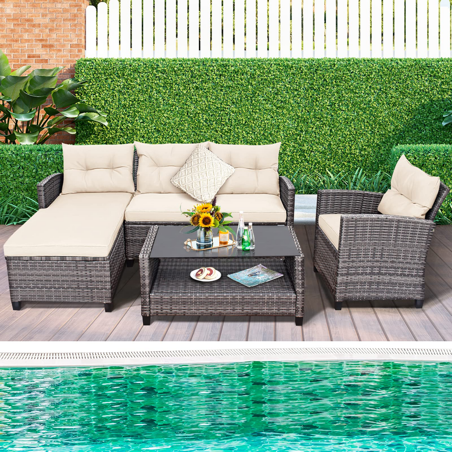 Tangkula 4 Pieces Rattan Conversation Set, Patiojoy Outdoor Furniture Set with Cushions, Lounge Sofa Set with Coffee Table